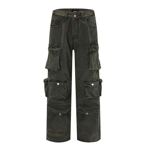 Tactical Cargo Jeans for Men Green Baggy Jeans Multi-Pocket Denim Joggers