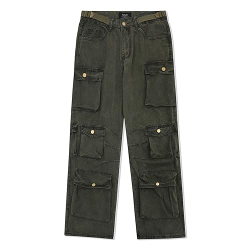 Tactical Cargo Jeans for Men Green Baggy Jeans Multi-Pocket Denim Joggers