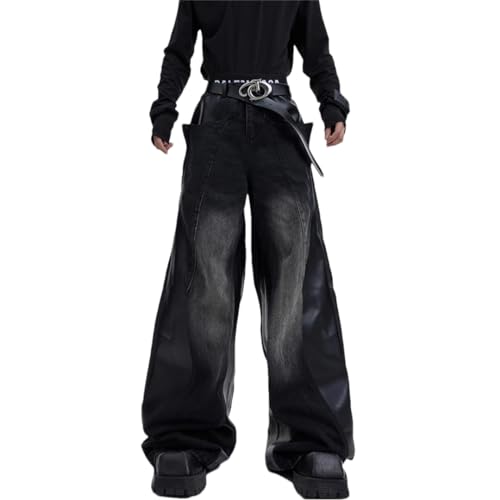 Generic Men's Vintage Wide Leg Contrast Color Baggy Jeans Design Patched Spliced Denim Pants Black