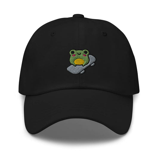 Cute Frog on Skateboard. Basketball Cap. Kawaii Cottagecore Skater Dad hat Black, One Size