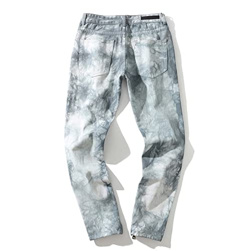 Men Jeans Tie Dye Ripper Hole Print Denim Pants Retro Baggy Elastic Waist Straight Trousers