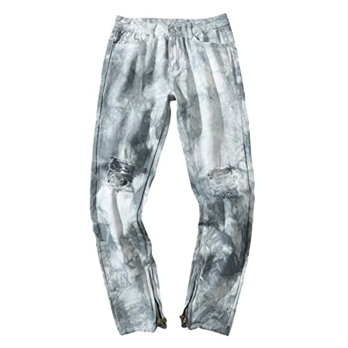 Men Jeans Tie Dye Ripper Hole Print Denim Pants Retro Baggy Elastic Waist Straight Trousers