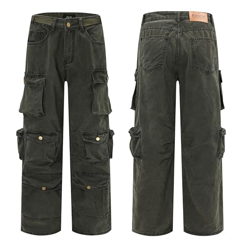 Tactical Cargo Jeans for Men Green Baggy Jeans Multi-Pocket Denim Joggers