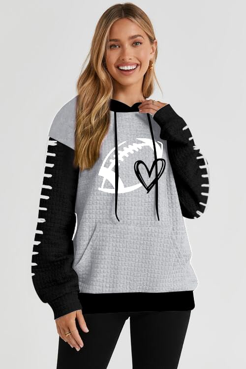 VILOVE Game Day Hooded Sweatshirt Women Funny Football Graphic Sweatshirt Waffle Knit Game Day Pullover Hoodies Long Sleeve Black-grey