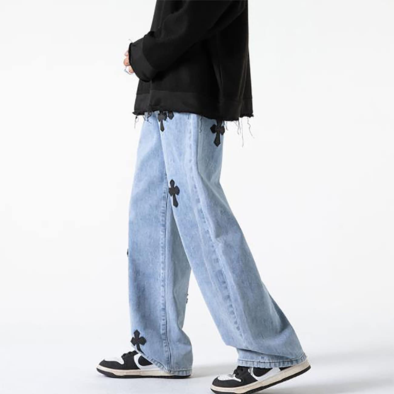 Men's Baggy Wide Leg Jeans Cross Patch Loose Fit Straight Denim Pants