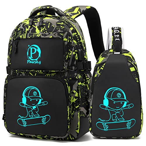 Pawsky Skateboard Anime Luminous Backpack School Backpack with USB Charging Port for Teen Boys, College School Bookbag Lightweight Laptop Bag with Sling Bag Set, Green