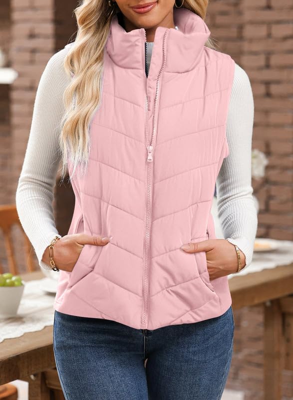 Dokotoo Women's Outerwear Vests Womens Fall Fashion 2024 Stand Collar Casual Zip Up Vest Sleeveless Outerwear Jacket Winter Coats for Women Pink Quilted Vest with Pockets