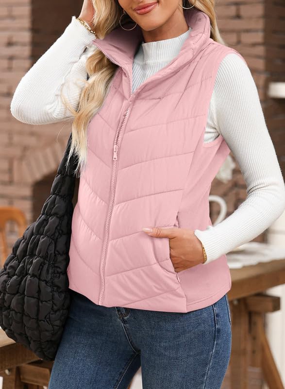 Dokotoo Women's Outerwear Vests Womens Fall Fashion 2024 Stand Collar Casual Zip Up Vest Sleeveless Outerwear Jacket Winter Coats for Women Pink Quilted Vest with Pockets