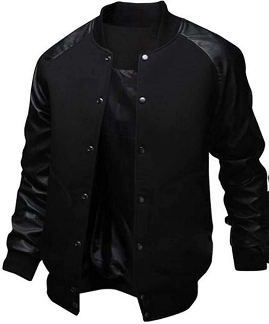 Naughtyman Men's Fashion Splicing Leather Sleeve Baseball Varsity Bomber Jacket