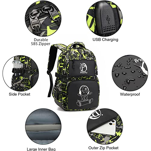 Pawsky Skateboard Anime Luminous Backpack School Backpack with USB Charging Port for Teen Boys, College School Bookbag Lightweight Laptop Bag with Sling Bag Set, Green