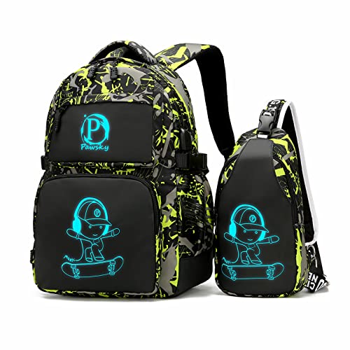 Pawsky Skateboard Anime Luminous Backpack School Backpack with USB Charging Port for Teen Boys, College School Bookbag Lightweight Laptop Bag with Sling Bag Set, Green