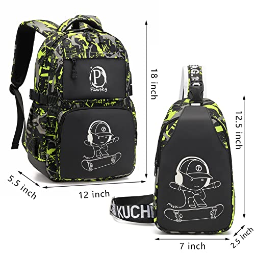 Pawsky Skateboard Anime Luminous Backpack School Backpack with USB Charging Port for Teen Boys, College School Bookbag Lightweight Laptop Bag with Sling Bag Set, Green