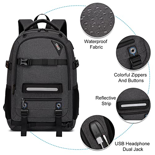 RUCYEN Skateboard Backpack, Laptop Backpack with USB Charging Port, RFID Anti-Theft Lock, Waterproof Fabric, Fits up to 15.6 Inch Laptop, for Business Travel Men(Dark Grey)