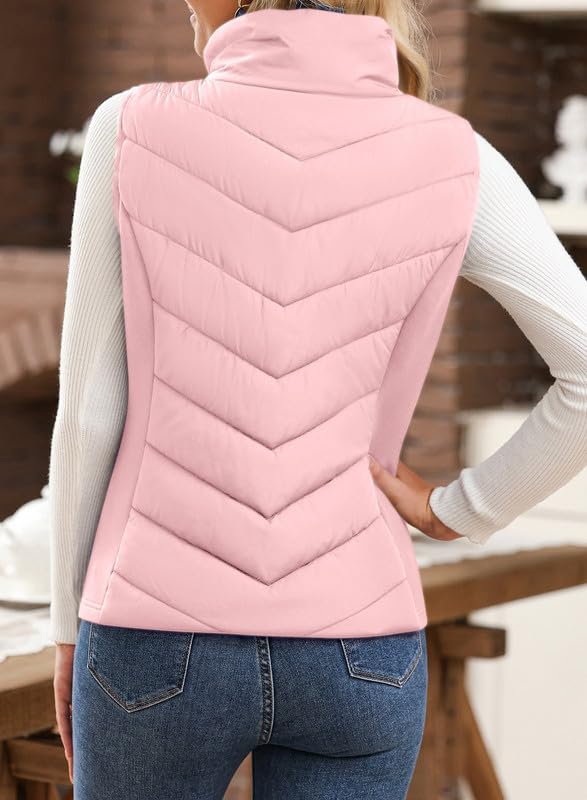 Dokotoo Women's Outerwear Vests Womens Fall Fashion 2024 Stand Collar Casual Zip Up Vest Sleeveless Outerwear Jacket Winter Coats for Women Pink Quilted Vest with Pockets