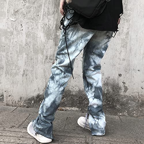 Men Jeans Tie Dye Ripper Hole Print Denim Pants Retro Baggy Elastic Waist Straight Trousers