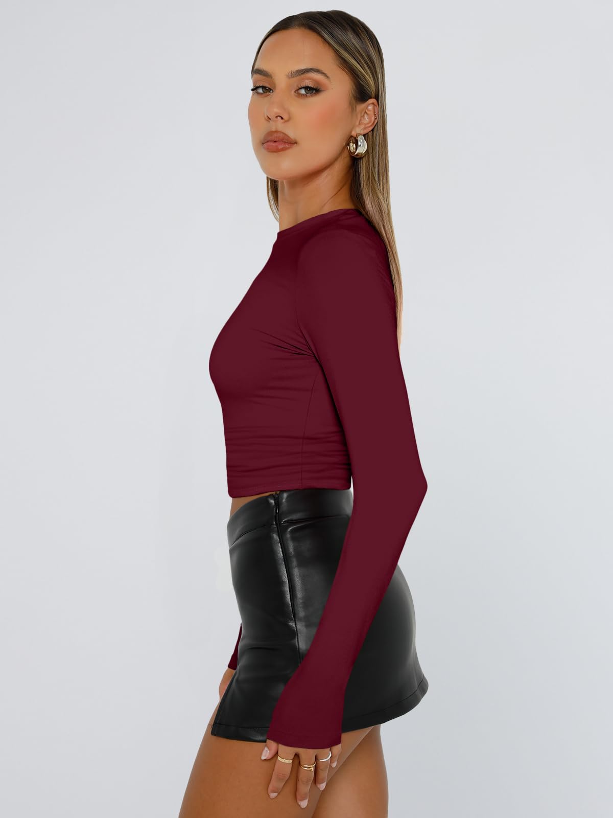 Trendy Queen Womens Long Sleeve Shirts Basic Crop Tops Tight Slim Fit