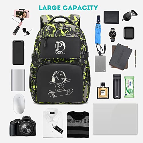 Pawsky Skateboard Anime Luminous Backpack School Backpack with USB Charging Port for Teen Boys, College School Bookbag Lightweight Laptop Bag with Sling Bag Set, Green