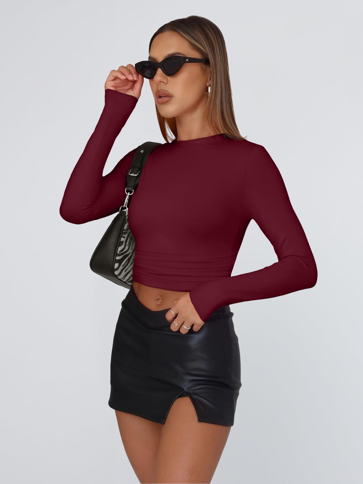 Trendy Queen Womens Long Sleeve Shirts Basic Crop Tops Tight Slim Fit