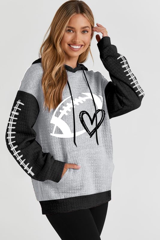 VILOVE Game Day Hooded Sweatshirt Women Funny Football Graphic Sweatshirt Waffle Knit Game Day Pullover Hoodies Long Sleeve Black-grey