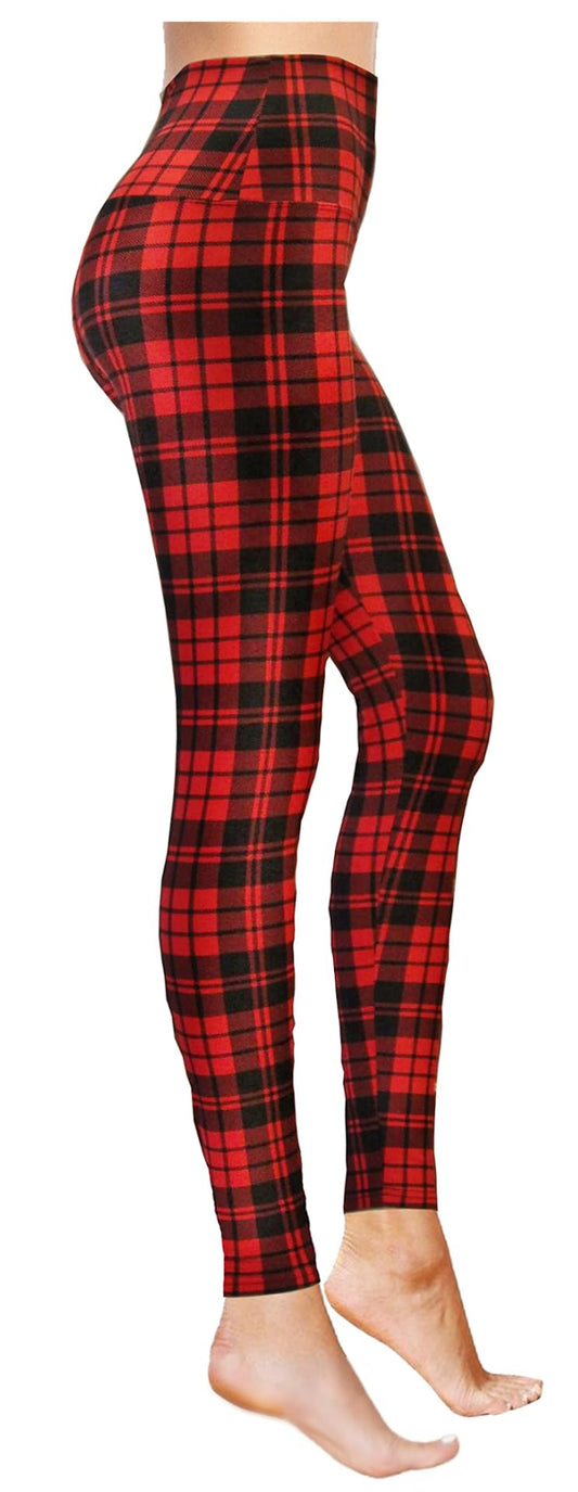 Red Plaid Leggings for Women, Workout Leggings for Women