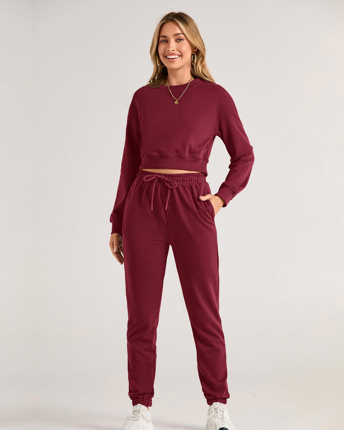 Women's 2 Piece Long Sleeve Crop Top Tracksuit Drawstring Pant Jogger Set Casual Sweatsuits Pullover