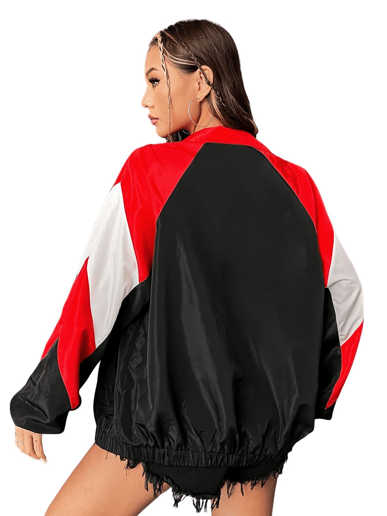 SweatyRocks Women's Zip Up Color Block Lightweight Jacket Patchwork Sport Windbreaker Jacket Coat Outerwear Black Red White