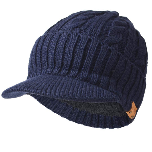 Ruphedy Mens Beanie with Brim Winter Hat Knitted Thick Fleece Visor Beanie with Bill B5042 (Navy)