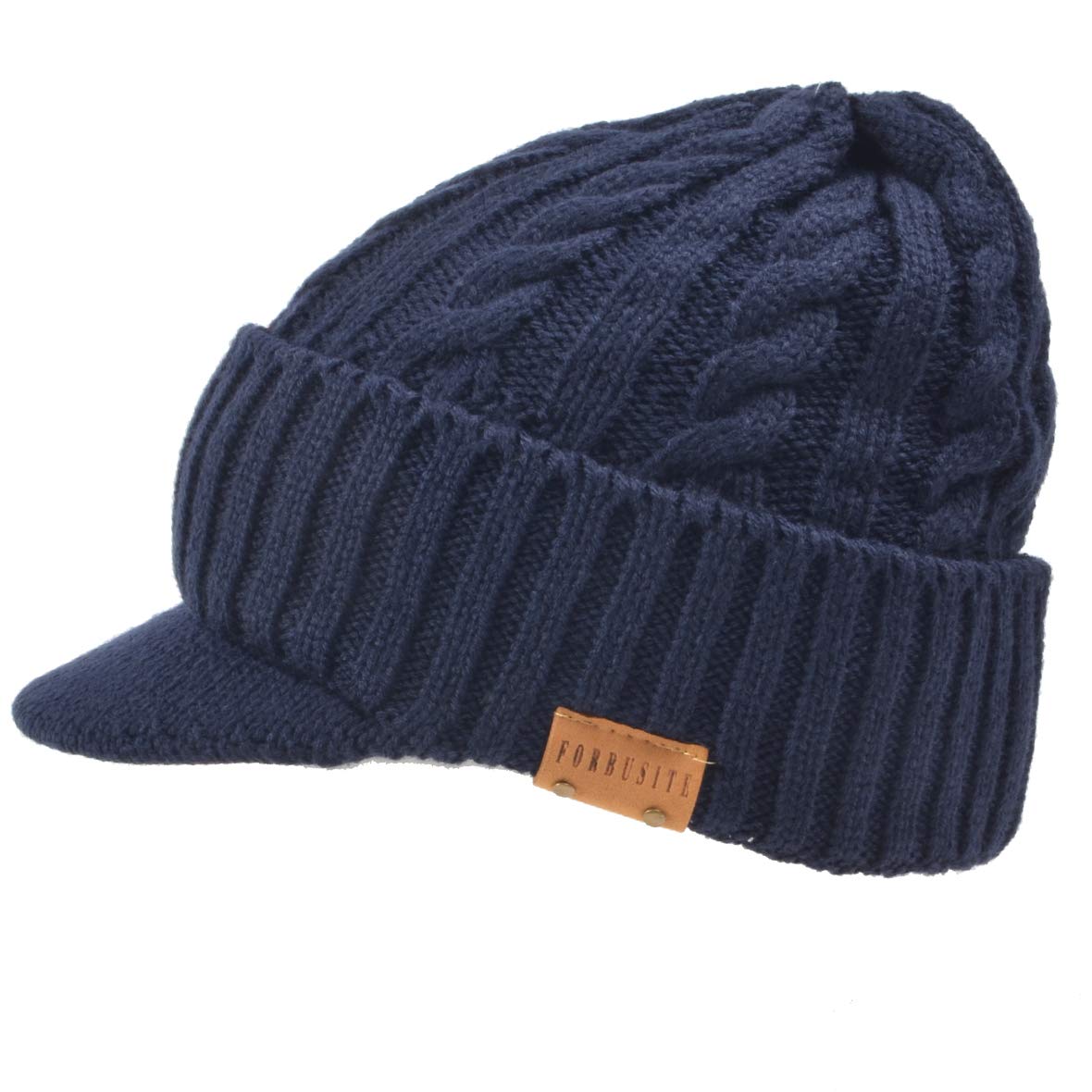 Ruphedy Mens Beanie with Brim Winter Hat Knitted Thick Fleece Visor Beanie with Bill B5042 (Navy)