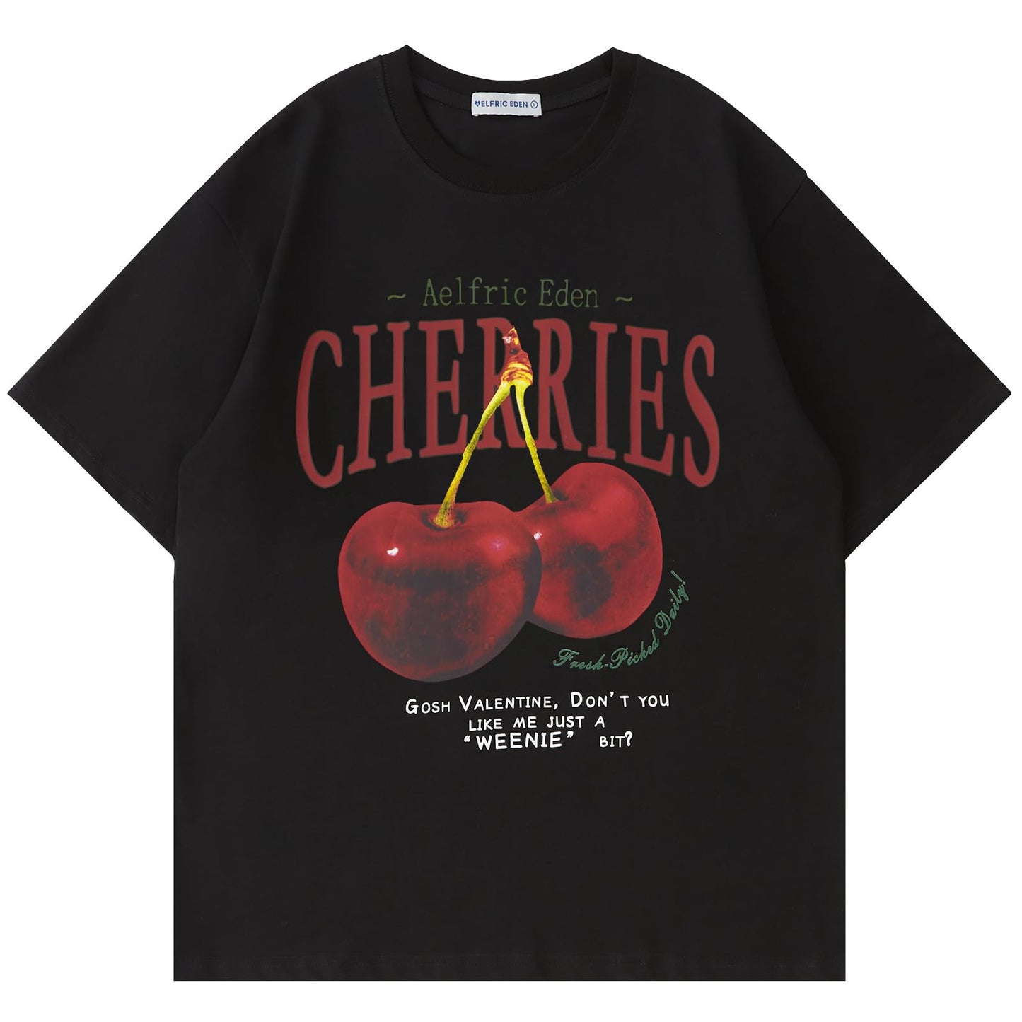 Aelfric Eden Oversized Graphic Tees Unisex Cherries Print T Shirts Casual Summer Short Sleeve Top Cotton Cute Tee Shirt Black