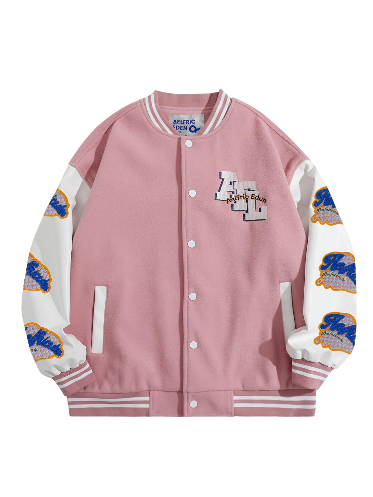 Aelfric Eden Men's Varsity Jackets Bomber Letterman Jacket Oversized Y2k Baseball Coats Pink