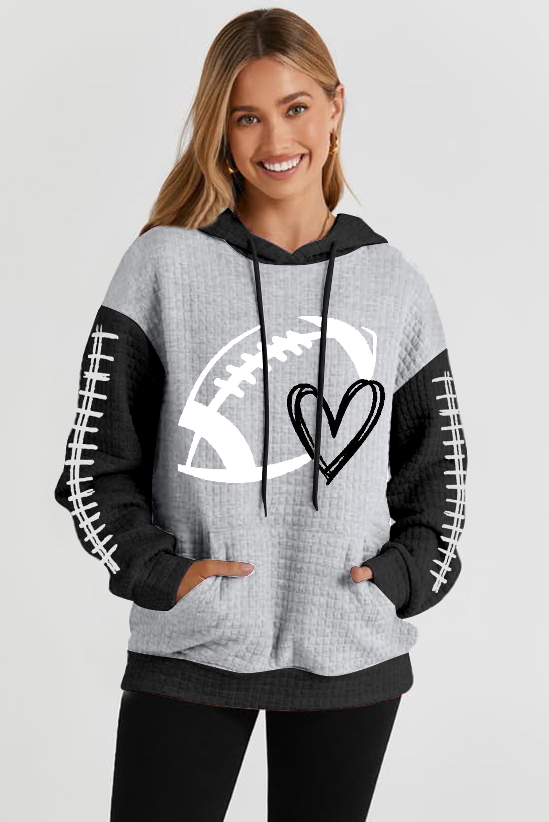 VILOVE Game Day Hooded Sweatshirt Women Funny Football Graphic Sweatshirt Waffle Knit Game Day Pullover Hoodies Long Sleeve Black-grey