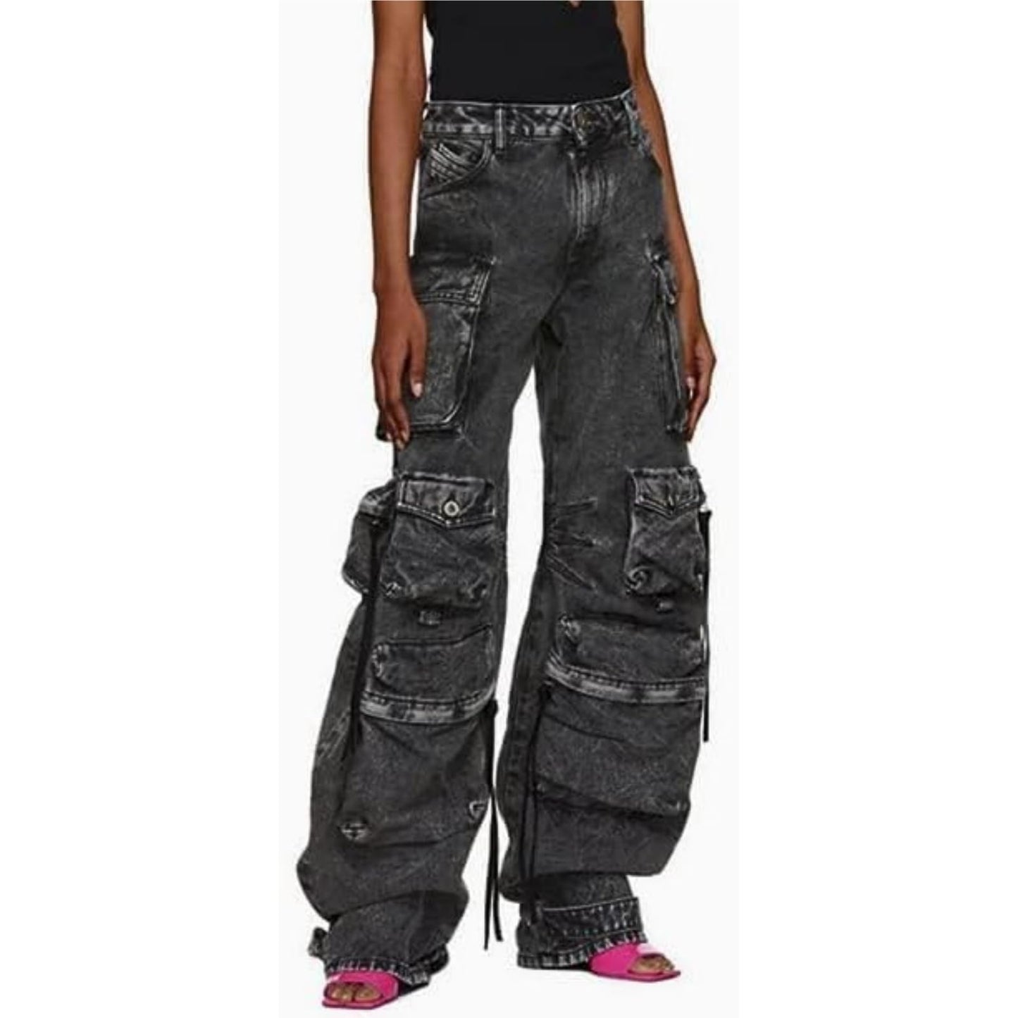 Women Black Y2K Baggy Jeans Black Low Rise Cargo Jeans Pants Black Casual Straight Wide Leg Denim Pants with Flap Pockets Streetwear