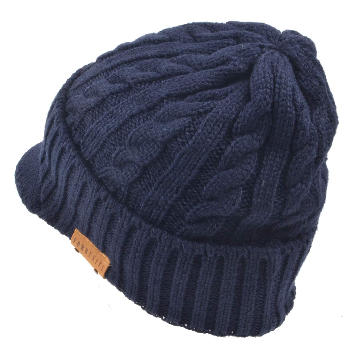 Ruphedy Mens Beanie with Brim Winter Hat Knitted Thick Fleece Visor Beanie with Bill B5042 (Navy)