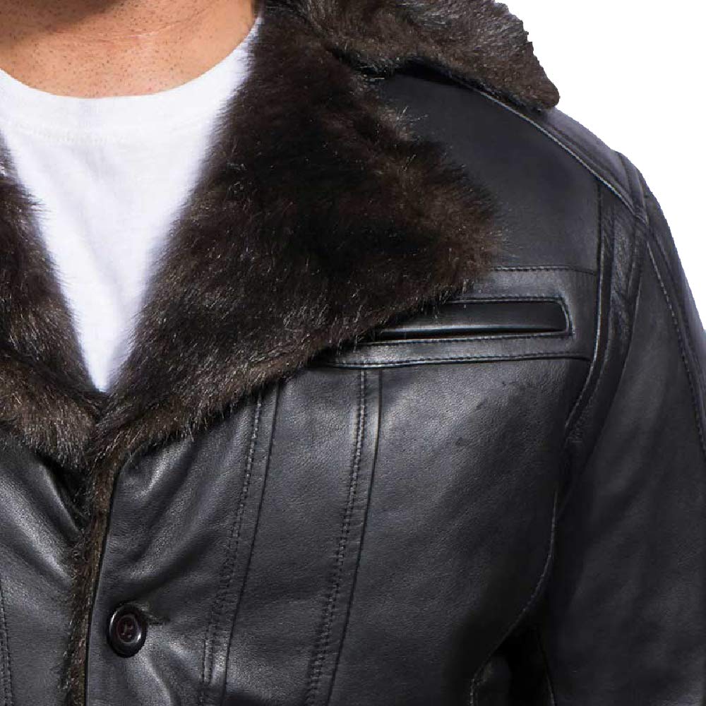 The Jacket Maker Furcliff Men's Black Leather Faux Fur Coat | Sheepskin Black Leather Coat for Men | Men Faux Fur Coat