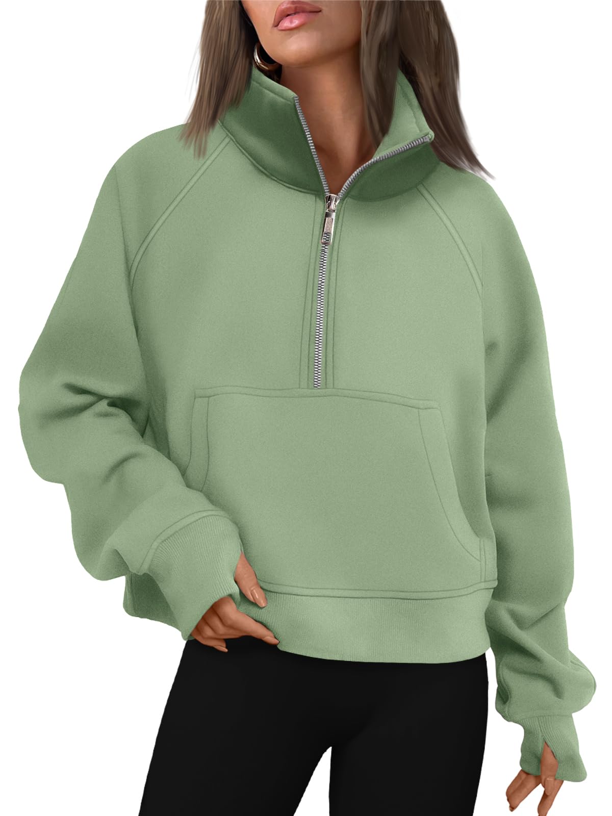 Womens Sweatshirts Half Zip Cropped Pullover Fleece Quarter Zipper Thumb Hole Hoodies