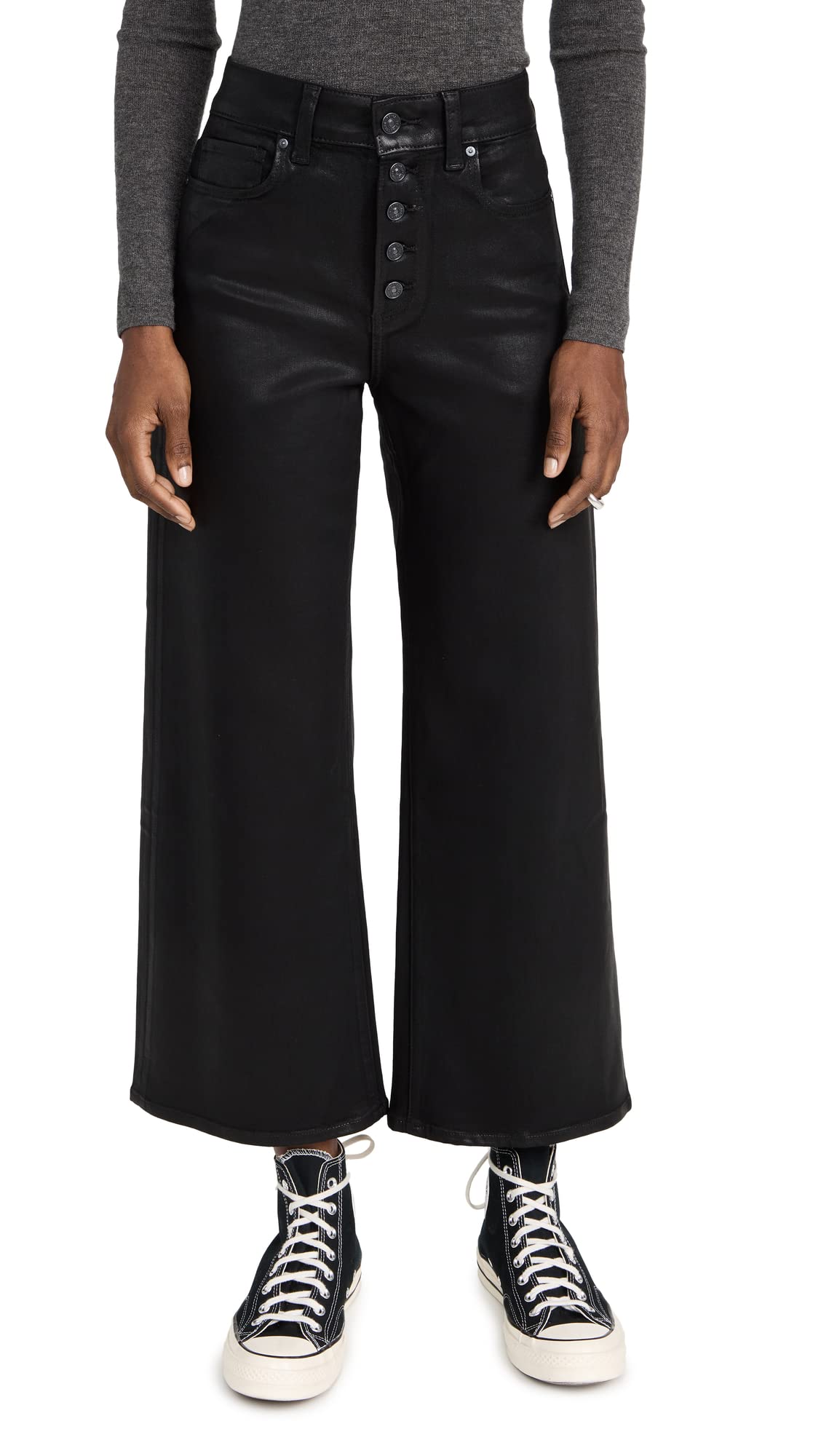 PAIGE Women's Anessa Wide Leg Jeans, Black Fog Luxe Coating