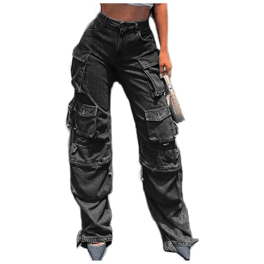 Women Black Y2K Baggy Jeans Black Low Rise Cargo Jeans Pants Black Casual Straight Wide Leg Denim Pants with Flap Pockets Streetwear