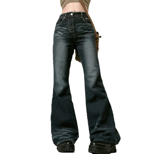 Women Low Rised Wide Leg Denim Pants Y2k Solid Baggy Flared Hem Jeans