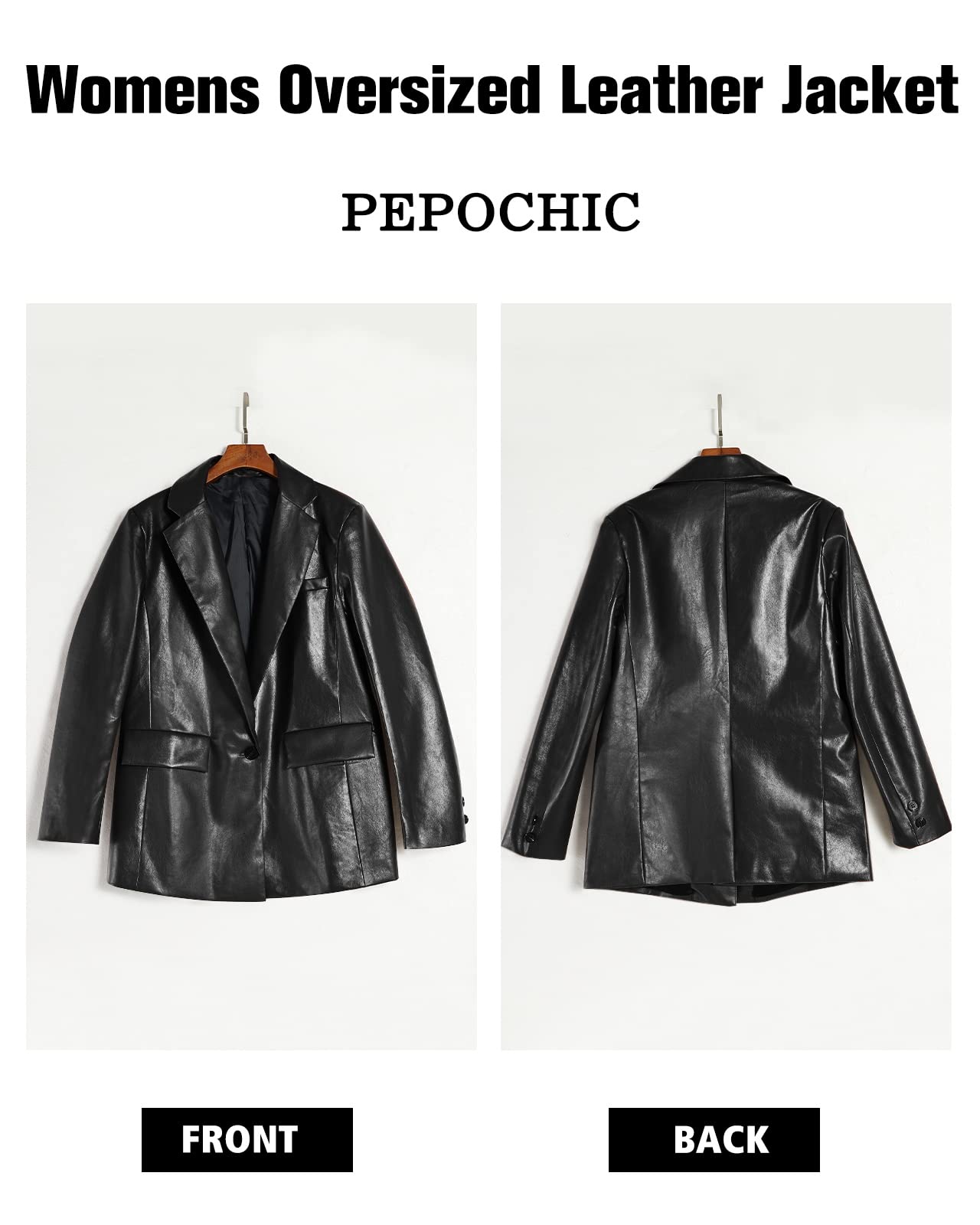 Pepochic Womens Oversized Leather Jacket Long Sleeve Faux Leather Blazer Lapel Button Down Leather Shacket Coat with Pockets