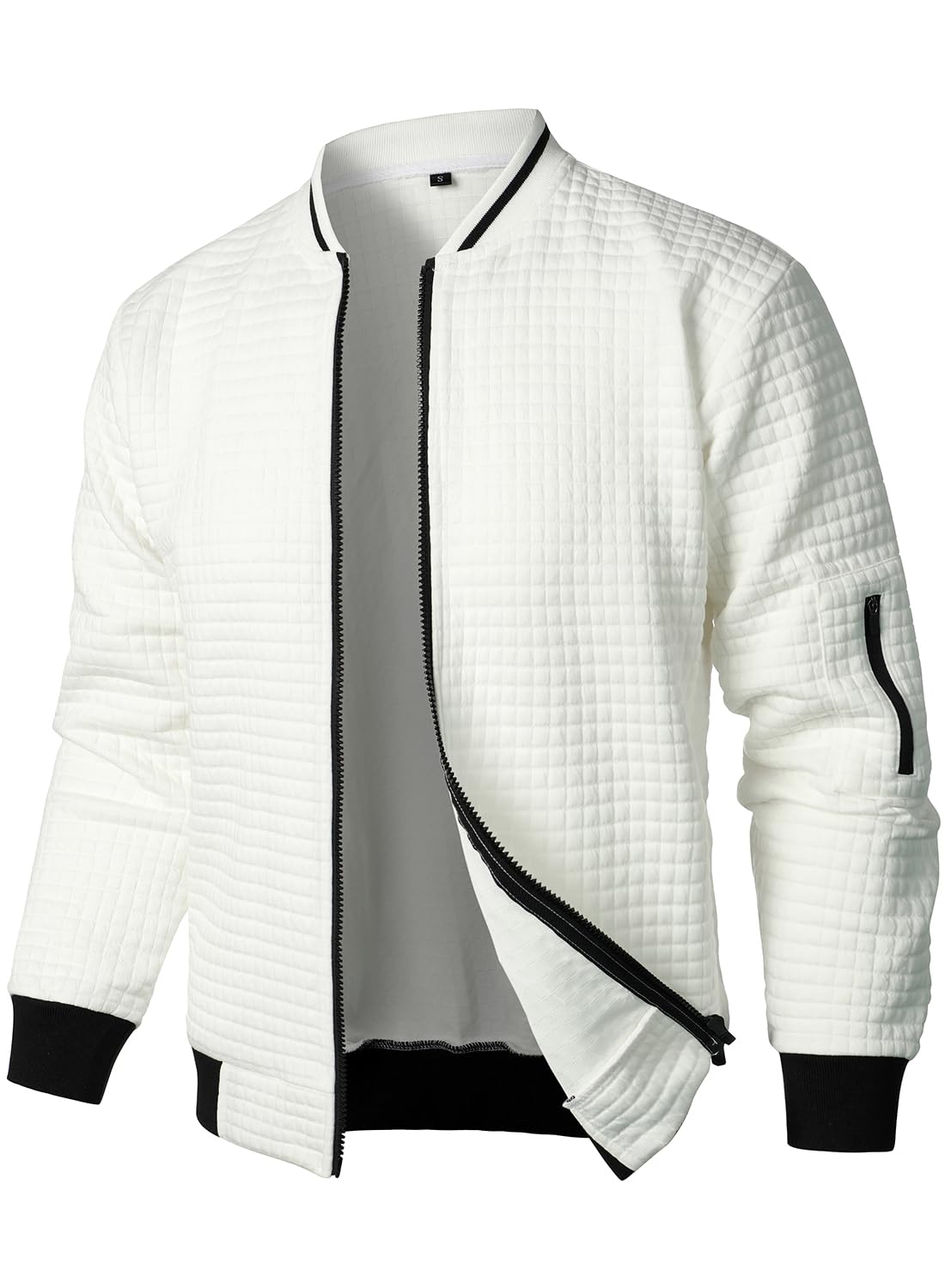 HOOD CREW Men’s Lightweight Casual Jackets Varsity Bomber Jacket Coat with Zipper White