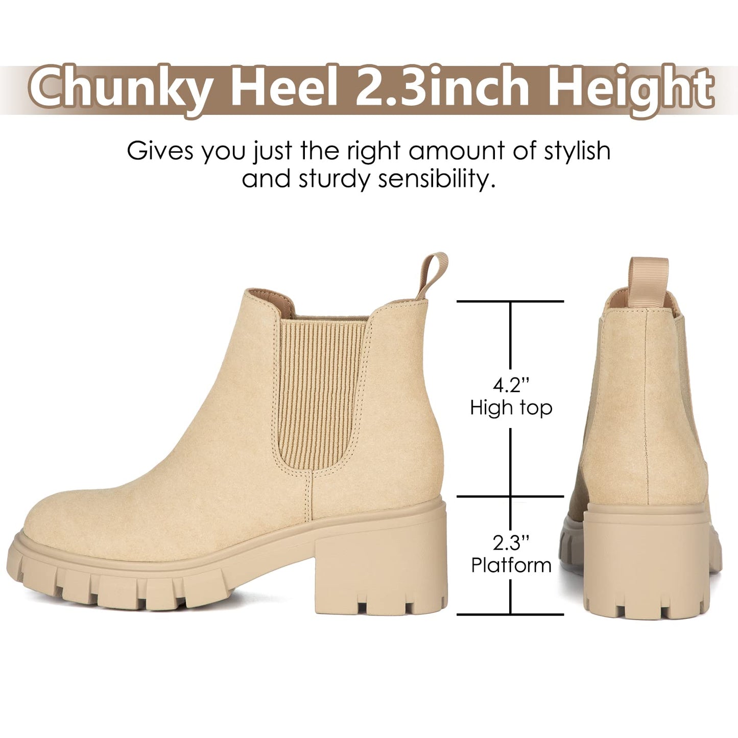 Athlefit Women's Chelsea Boots Fashion Lug Sole Chunky Heel Slip on Elastic Ankle Tan Boots