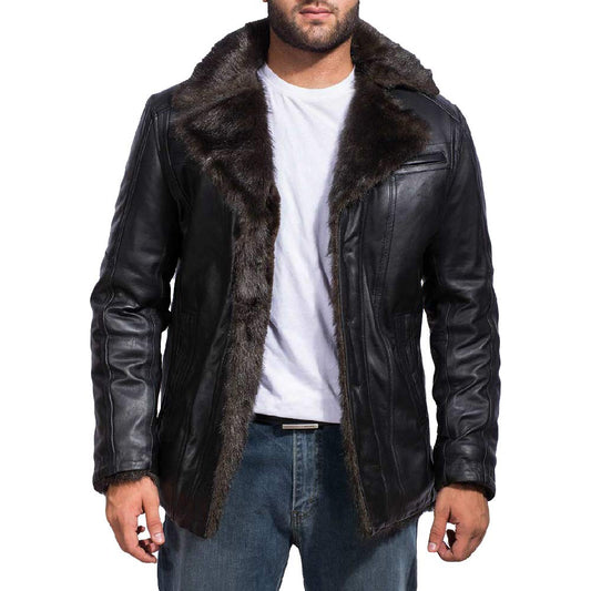 The Jacket Maker Furcliff Men's Black Leather Faux Fur Coat | Sheepskin Black Leather Coat for Men | Men Faux Fur Coat