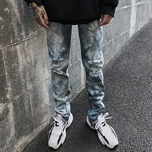 Men Jeans Tie Dye Ripper Hole Print Denim Pants Retro Baggy Elastic Waist Straight Trousers