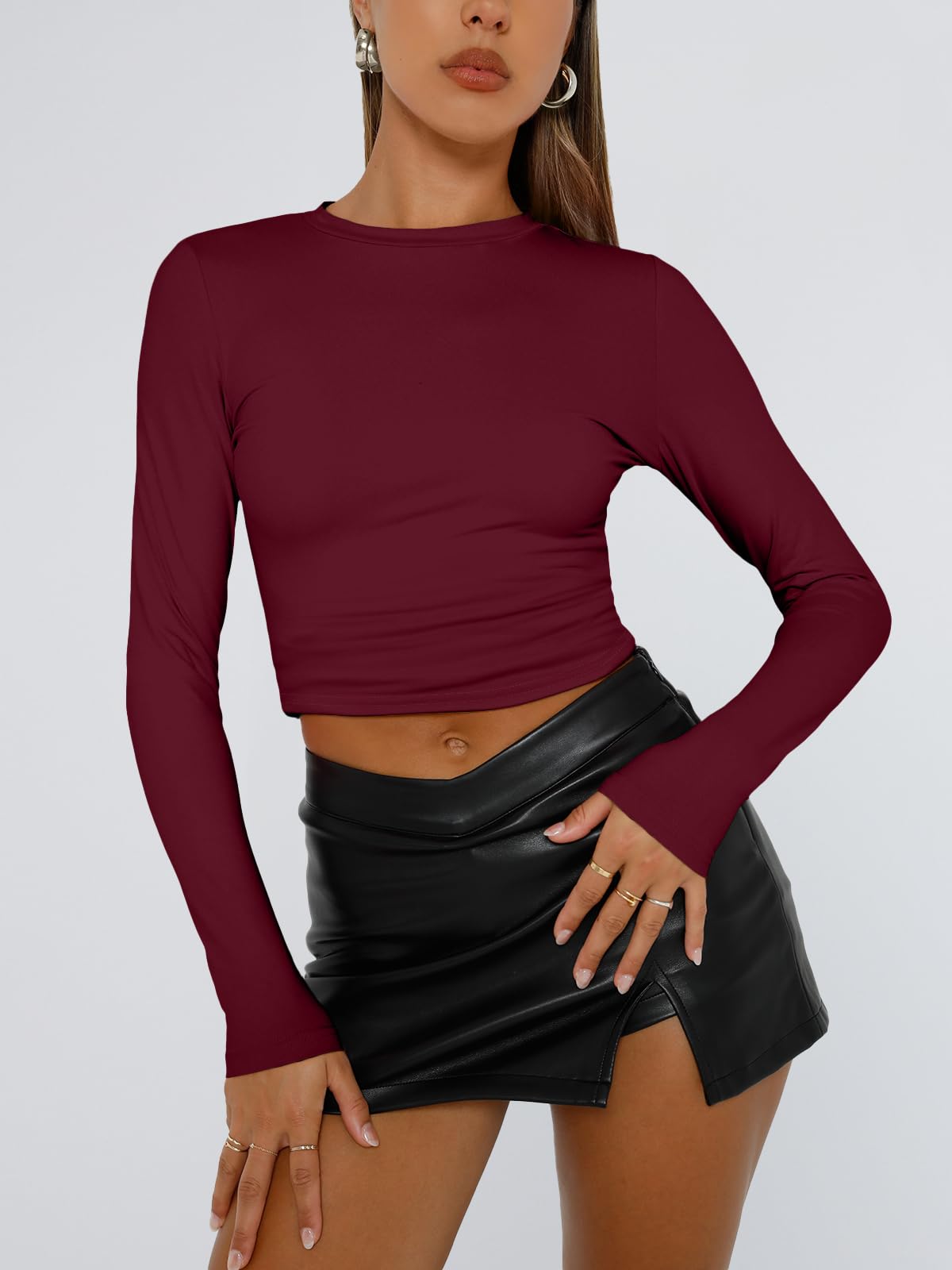 Trendy Queen Womens Long Sleeve Shirts Basic Crop Tops Tight Slim Fit