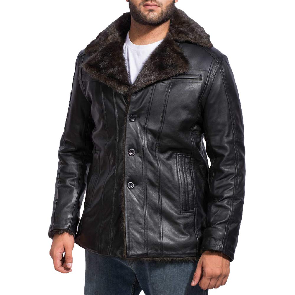 The Jacket Maker Furcliff Men's Black Leather Faux Fur Coat | Sheepskin Black Leather Coat for Men | Men Faux Fur Coat