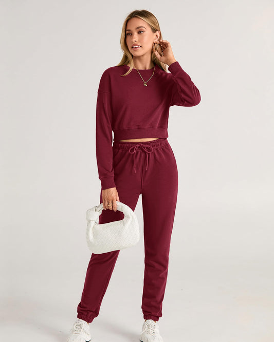 Women's 2 Piece Long Sleeve Crop Top Tracksuit Drawstring Pant Jogger Set Casual Sweatsuits Pullover