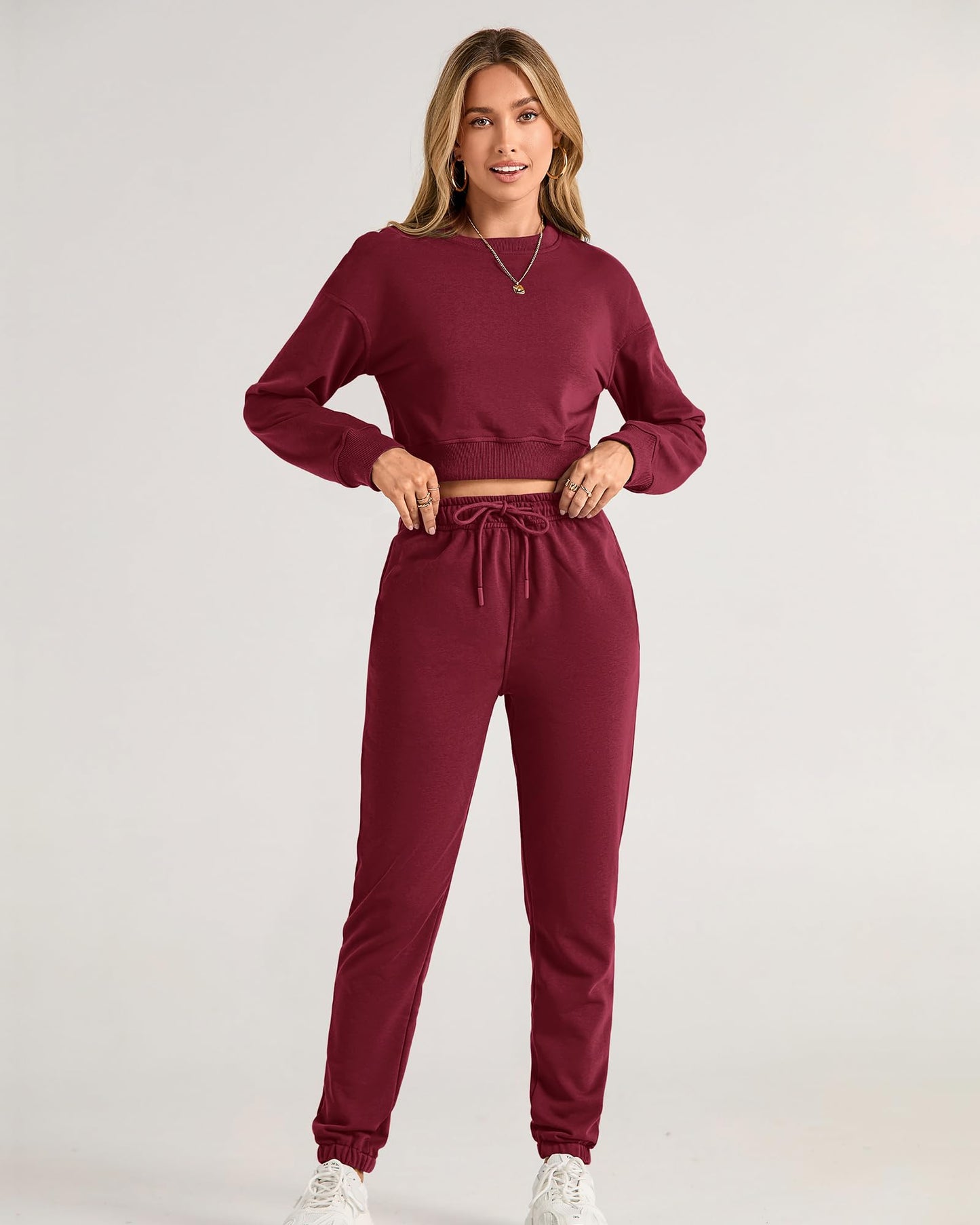 Women's 2 Piece Long Sleeve Crop Top Tracksuit Drawstring Pant Jogger Set Casual Sweatsuits Pullover