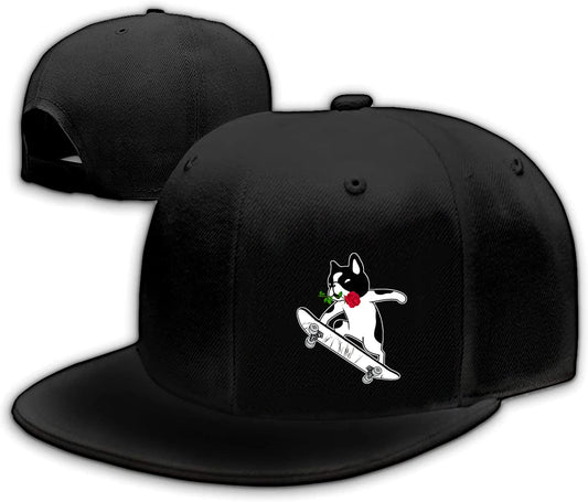 Rose Cute Dog Skating Theme Black Snapback Hats for Men Boys, Classic Skate Skateboarder Gift for Skaters, Adjustable Mens Hats Snapback Trucker Hats for Women