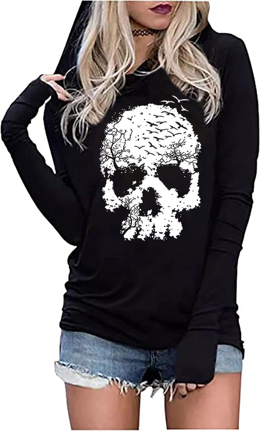 Skull Hoodie Tshirt Women Vintage Gothic Graphic Tees Halloween Hoodies