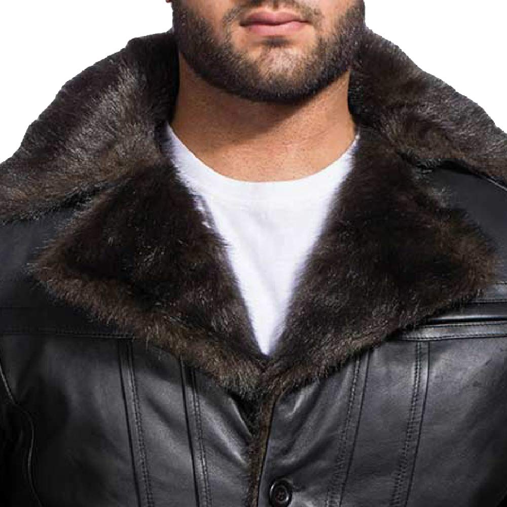 The Jacket Maker Furcliff Men's Black Leather Faux Fur Coat | Sheepskin Black Leather Coat for Men | Men Faux Fur Coat